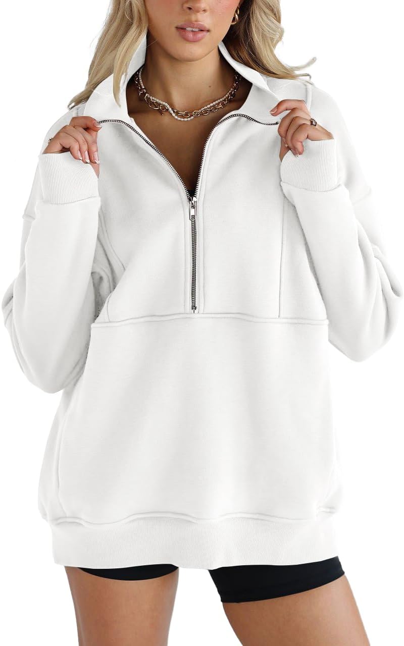 Women’s Half Zip Sweatshirts Fleece Stand Collar Long Sleeve Thumb Hole Oversized Pullovers with Pockets