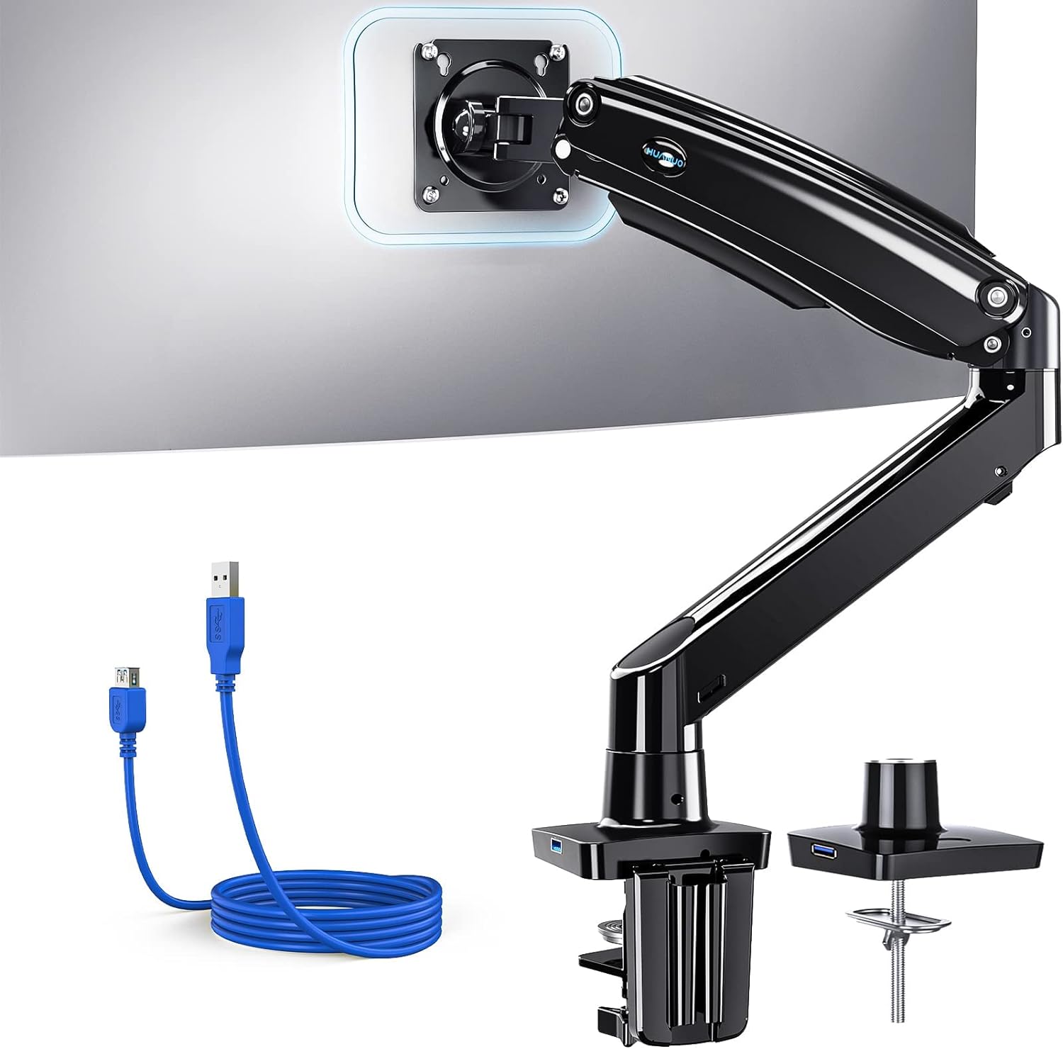 HUANUO Single Monitor Arm for 40 inch Screens, Ultrawide Computer Monitor Mount Holds 26.48 lbs, Upgraded Adjustable Monitor Stand with USB, C-Clamp & Grommet Base, VESA 75×75 or 100x100mm