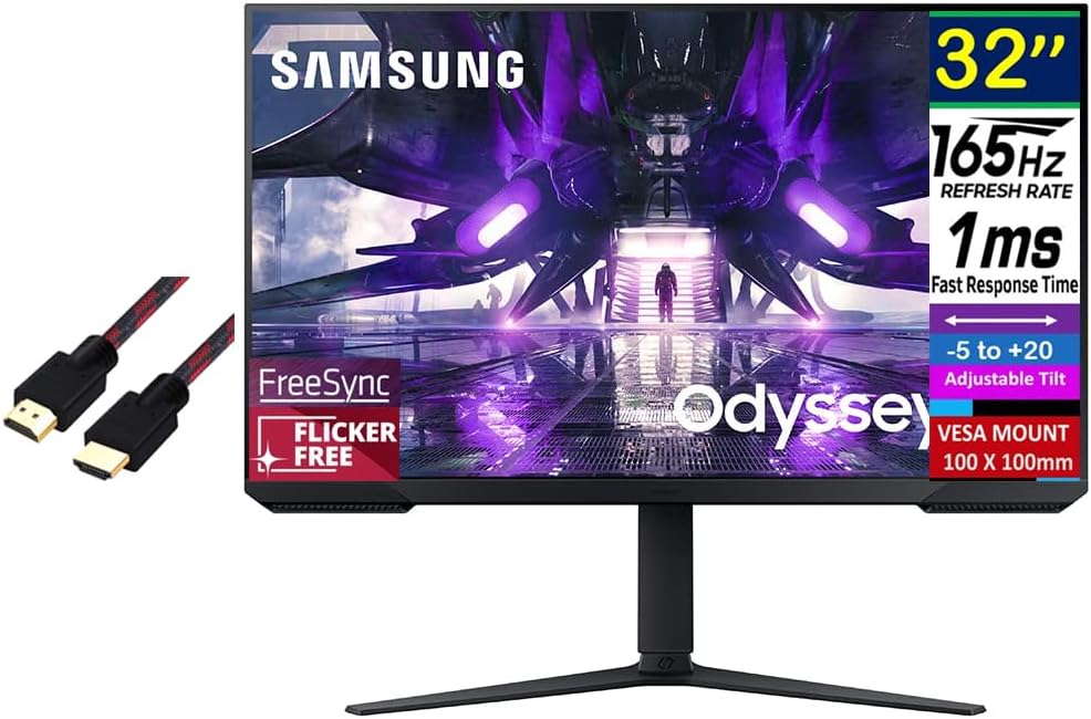 SAMSUNG Odyssey G32A 32″ FHD 1ms 165Hz Monitor with FreeSync Premium, Eye Saver Mode, VESA Mount (100x100mm), DP, Ideal for Home & Business (LS32AG320NNXZA)+HDMI Cable