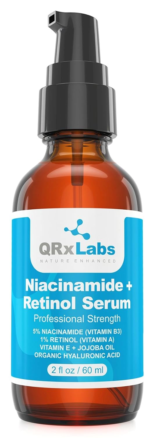 QRxLabs 5% Niacinamide (Vitamin B3) + Retinol Serum – Anti-Aging Serum – Pore and Wrinkle Reducer – Fights Acne Breakouts – Fades Blemishes and Spots – Tightens Skin – Retinol & Niacinamide Serum