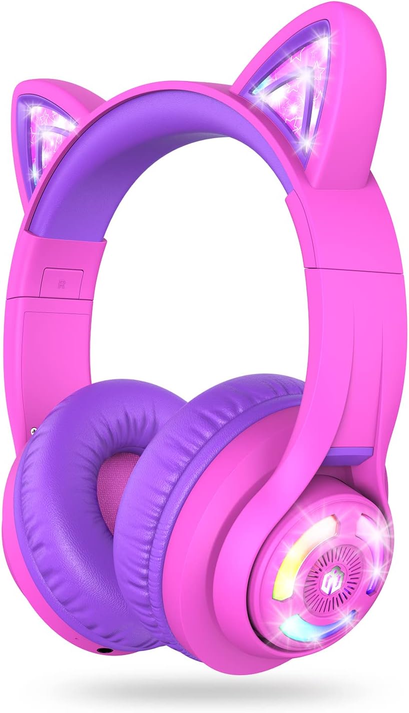 iClever Cat Ear Kids Bluetooth Headphones, LED Lights Up, 74/85dBA Safe Volume Limited, 50H Playtime,Bluetooth 5.2, USB C, Kids Headphones Wireless for Travel iPad Tablet, Meow Macaron Hot Pink