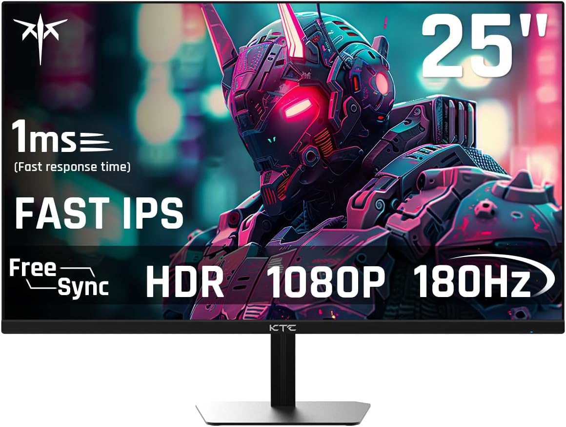 KTC 24.5” Gaming Monitor, FHD 1080P 180Hz Fast IPS 128% sRGB Frameless Computer Monitor, HDR10, Adaptive Sync, Eye Care PC Gamer Monitor, HDMIx2, DP, VESA Mountable, Tilt Adjustable, H25T7