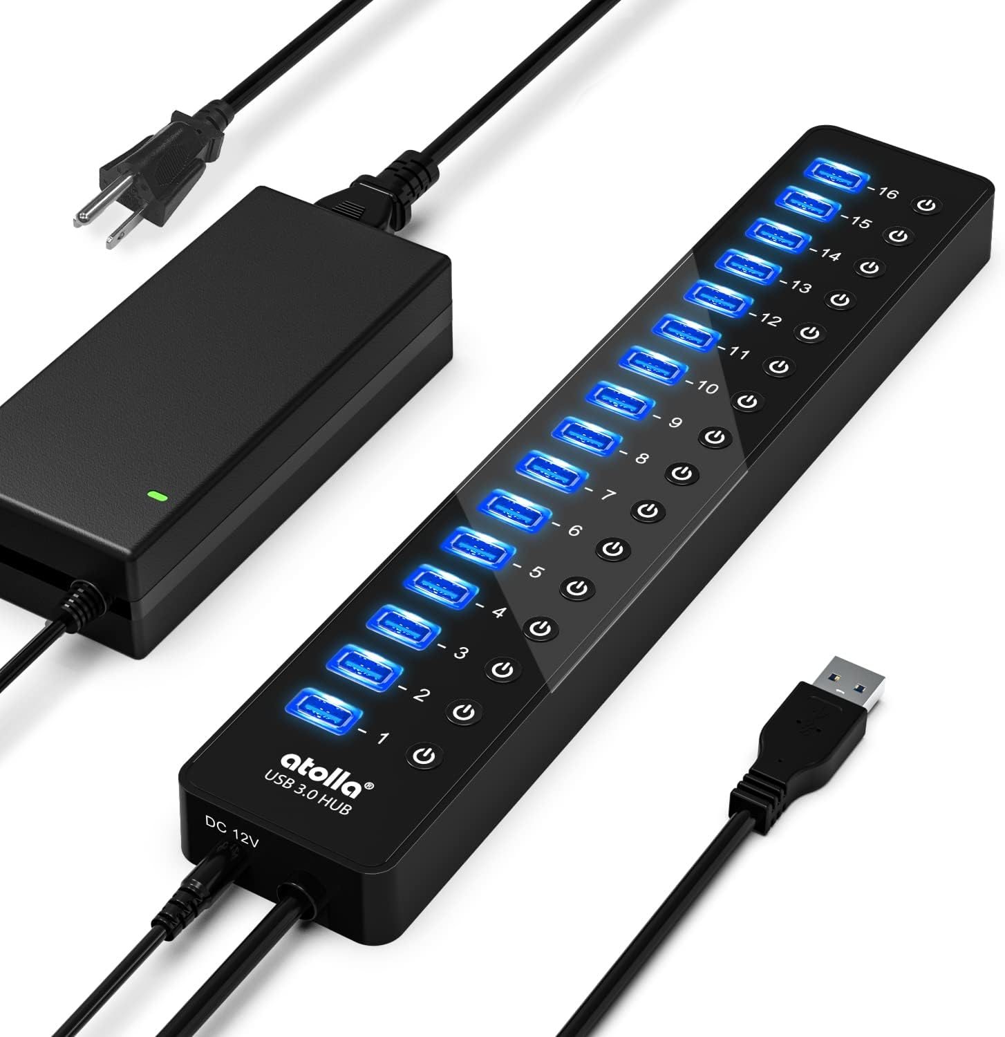 Power USB Hub 3.0, atolla 16 Port USB Splitter with 12V/6A Power Adapter and Individual Switches, High-Speed Data Transfer for Laptop, PC, Mac, and More Devices