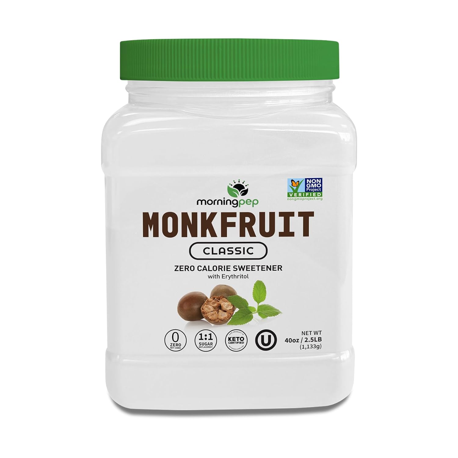 Morning Pep Monk Fruit Sweetener, Classic | White Sugar Substitute, Keto Diet Friendly, 1:1 Sugar Replacement, For Baking, Coffee, Tea, Zero Calorie Non Gmo Project Verified, OU Kosher, White – 2.5 lb