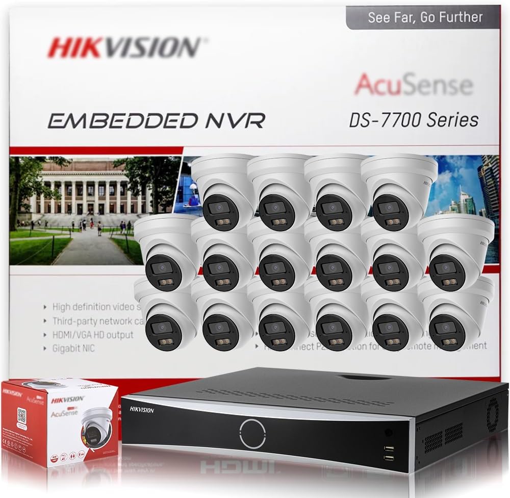 HIKV 32 Channel NVR Camera System, DS-7732NXI-K4/16P 4K Acu-Sense 32-CH 16 PoE NVR, 16x DS-2CD2343G2-LI2U 4MP Dual Mic IP Camera, Facial Recognition, VCA, AI Detection,Compatible for Hikvision(NO HDD)