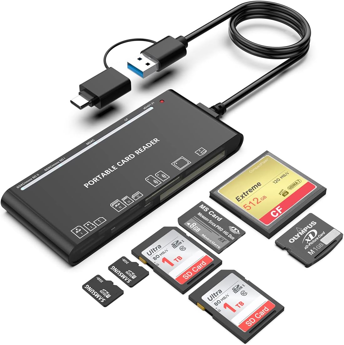 USB C USB3.0 Multi Card Reader for SD, CF, Micro SD, XD, MS Cards – 7 in 1 Adapter Hub for Windows, Mac, Linux, Android