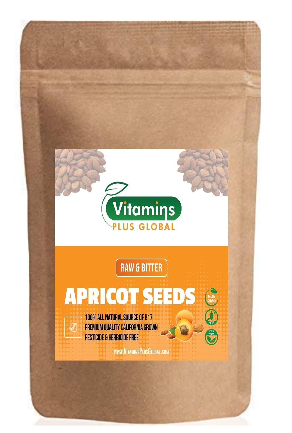 Bitter Apricot Kernels (Seeds), Natural Source of Vitamin B17, Large and Raw, Vegan, Non GMO California Grown Not Turkish Resealable Pouch 1lb – 16oz