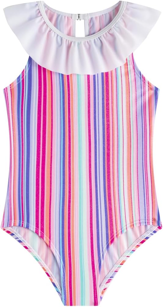 LIZENS Girls’ One Piece Ruffle Trim Swimwear Rainbow Striped Swimsuit for Kids Children 2-12 Years