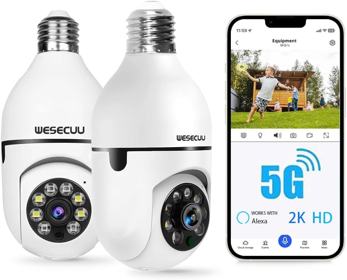 Light Bulb Security Camera, 2K Bulb Security Camera 5G/2.4GHz,Security Cameras Wireless Outdoor with Automatic Human Detection,Motion Detection,Color Night Vision Bulb Camera Compatible with Alexa