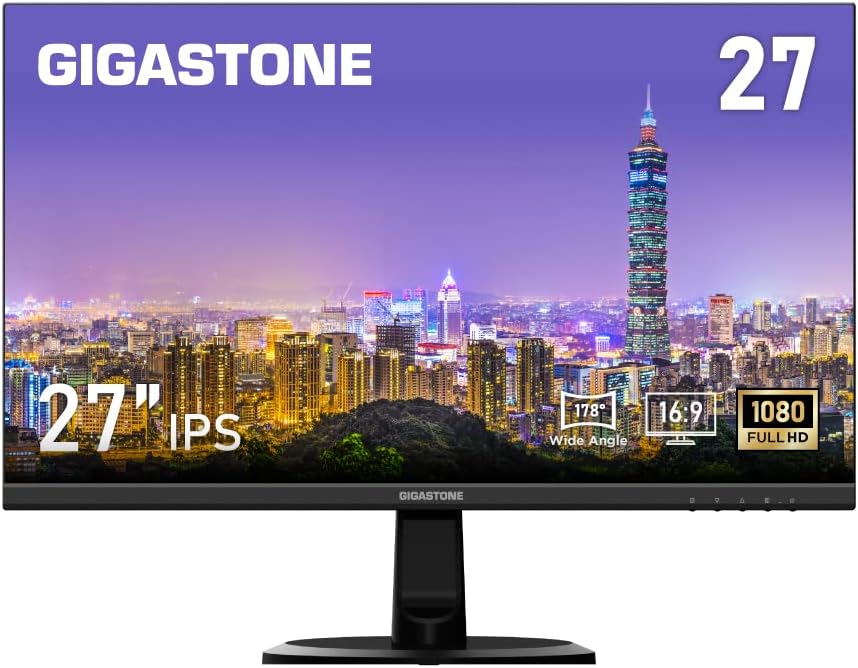 Gigastone 27 inch IPS LED Back Light Monitor 75Hz FHD 1920 x 1080, 178° Wide View Frameless Computer Monitor 5ms, Built-in Speakers, Eye Care Technology, Ergonomic Tilt VESA Mount, HDMI VGA