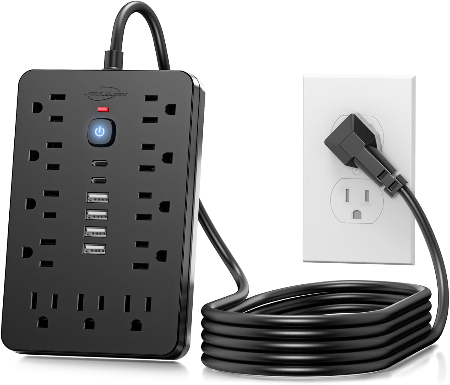 6 FT Flat Plug Surge Protector Power Strip,11 Multiple AC Outlets with 6 USB Ports (2 USB C), 6 Feet Extension Cord, 1875W/15A, One Touch Switch Button, 17 in 1 Compact powerstrip