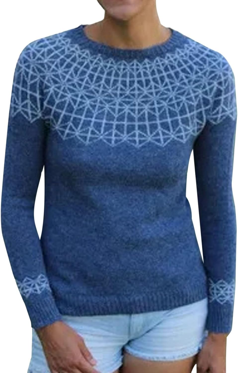 Women’s Vintage Fair Isle Sweater Vintage Knitted Sweater Casual Loose Long Sleeve Crewneck Lightweight Pullover Tops