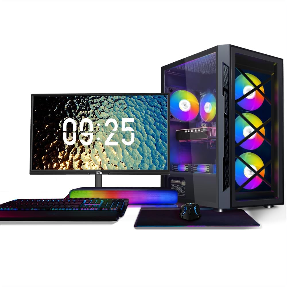 STGAubron Gaming PC Bundle with 24Inch FHD LED Monitor-Radeon RX 5700 XT 8G, Intel Core i7-6700 up to 4.0G, 16G DDR4, 1T SSD, RGB Fan x6, RGB Sound Bar, Windows 10 Home