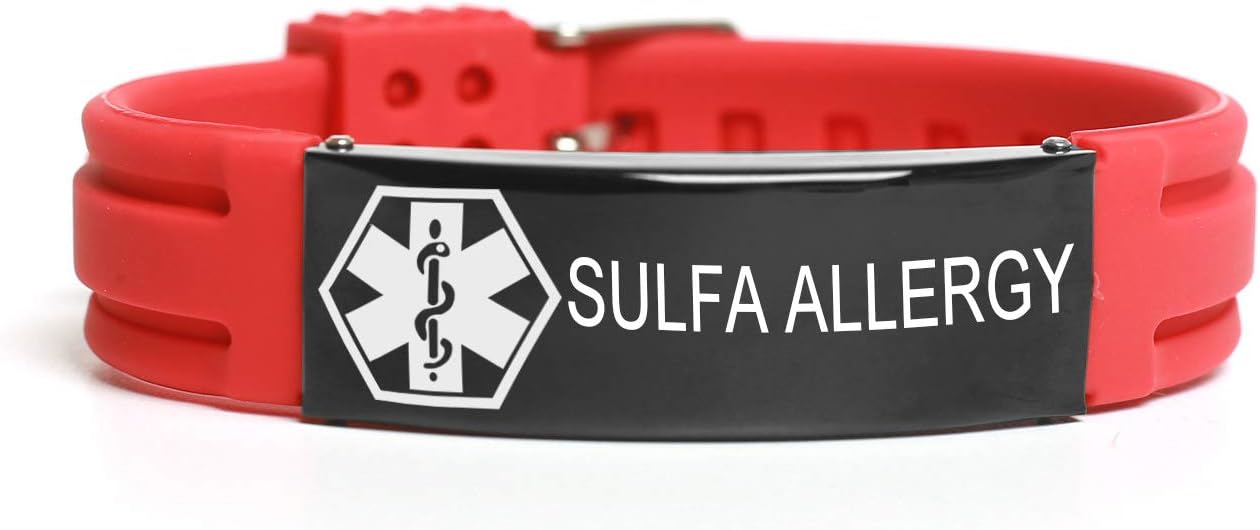 MZZJ SULFA Allergy Medical Alert ID Emergency Bracelet Red Rubber Silicone Health Survival Outdoor Sport Wristband 14MM Polish Stainless Steel Adjustable Band for Unisex,Medical SOS Safe Jewelry