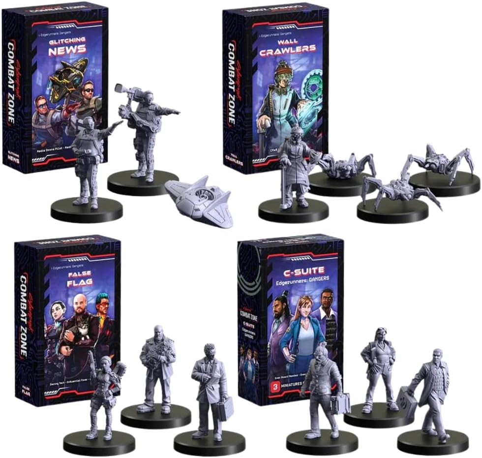 Monster Fight Club Cyberpunk Red Combat Zone Miniatures Bundle: Edgerunners – Glitching News Gonks, Wall Crawlers Gonks, False Flag Gonks, and C-Suite Gangers (4 Items)