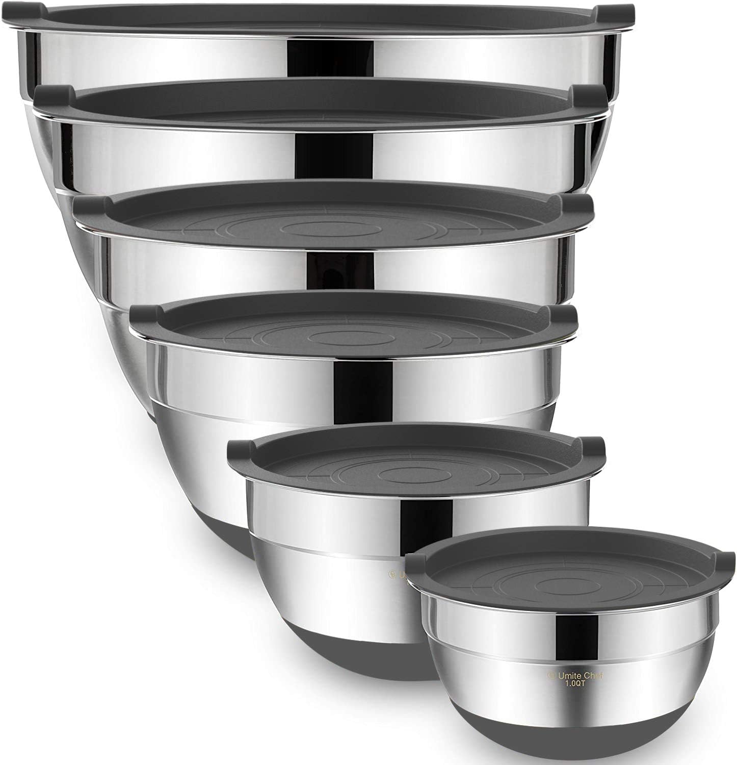 Umite Chef Mixing Bowls with Airtight Lids，6 piece Stainless Steel Metal Nesting Storage Bowls, Non-Slip Bottoms Size 7, 3.5, 2.5, 2.0,1.5, 1QT, Great for Mixing & Serving(Grey)