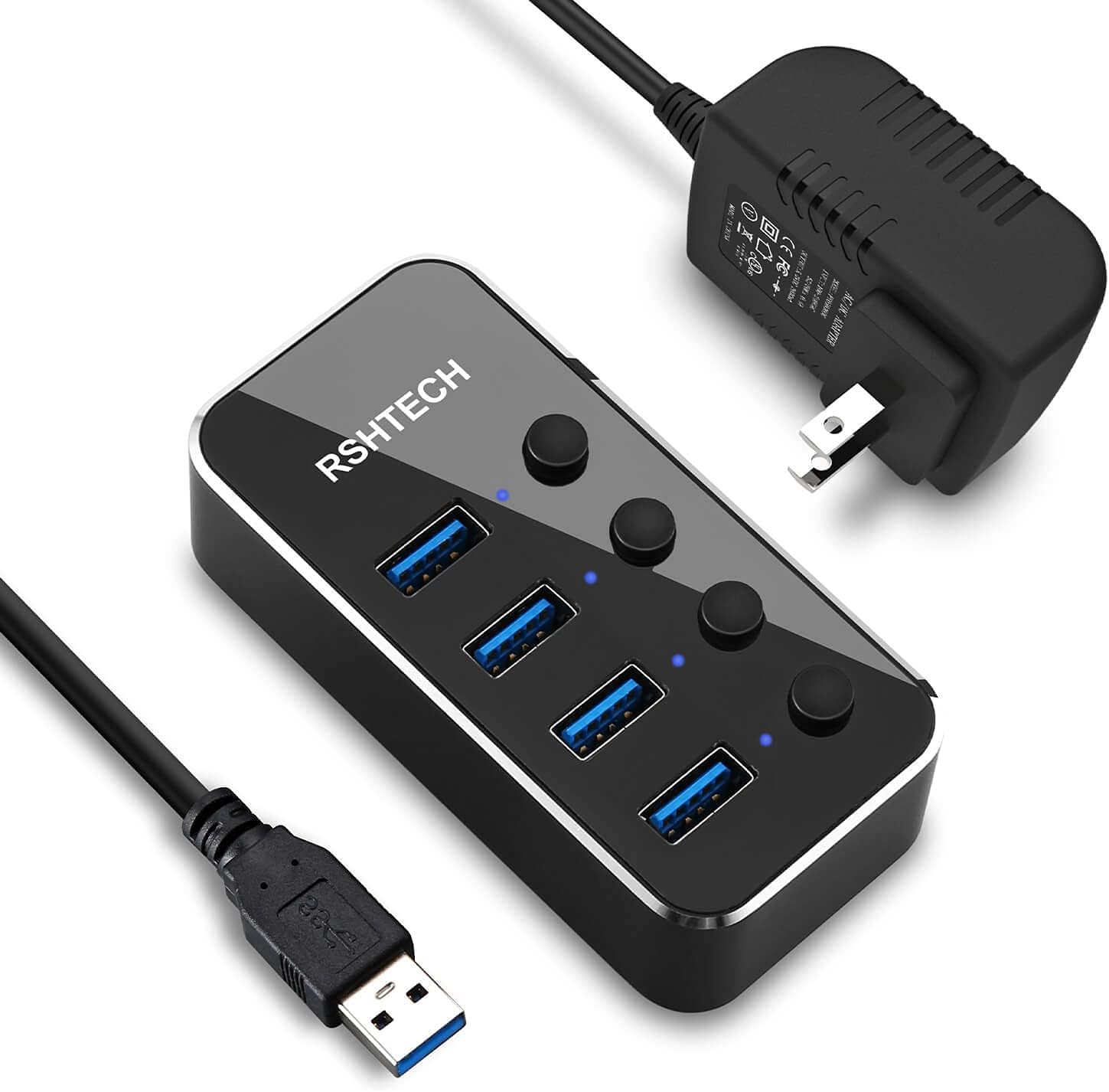 Powered USB Hub, RSHTECH 4 Port USB 3.0 Hub Splitter Portable Aluminum USB Data Hub Expander with Individual On/Off Switch and Universal 5V AC Adapter, 3.3ft USB 3.0 Cable (RSH-516)