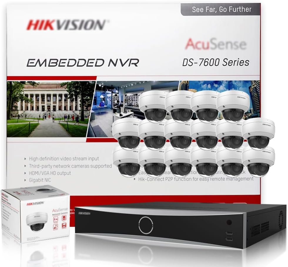 HIKV 32 Channel NVR Camera System, DS-7732NXI-K4/16P 4K ACU-Sense 32CH 16 PoE NVR, 16X DS-2CD2183G2-IU 8MP VCA Mic Dome IP Cameras, Facial Recognition, AI Detection, Compatible for Hikvision(NO HDD)