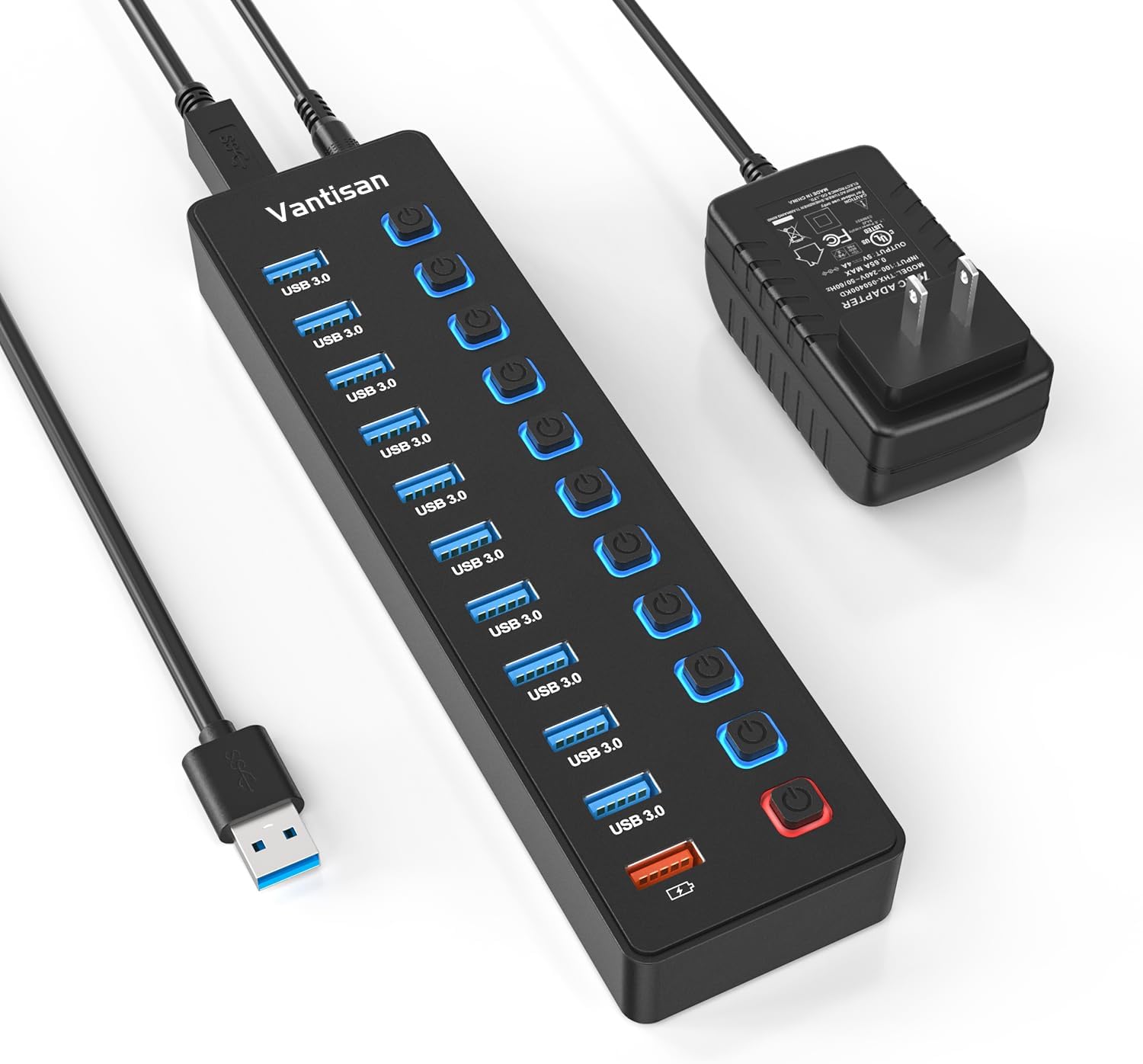 Powered USB Hub, 11-Port USB 3.0 Hub Splitter – 10 USB 3.0 Data Transfer Ports + 1 Smart Charging Port, USB Hub 3.0 Powered with Individual LED On/Off Switches and 5V/4A Power Adapter