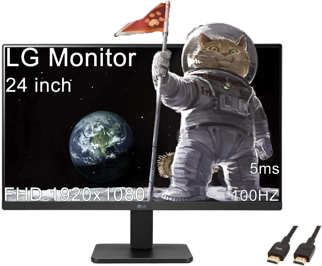 LG 24 inch FHD (1920×1080) Monitor, 100Hz, 5ms, LED Display with sRGB 99% Color Gamut, IPS 3-Side Borderless Display, AMD FreeSync (HDMI), Black, with 5ave HDMI Cable