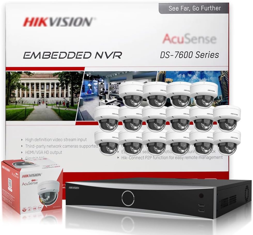 HIKV 32 Channel NVR System Kit, DS-7732NXI-K4/16P 4K ACU-Sense 32-CH 16 PoE NVR, 16x DS-2CD2183G2-LIS2U 8MP VCA Mic IP Cam, Facial Recognition, Perimeter Protection, Compatible for Hikvision(NO HDD)