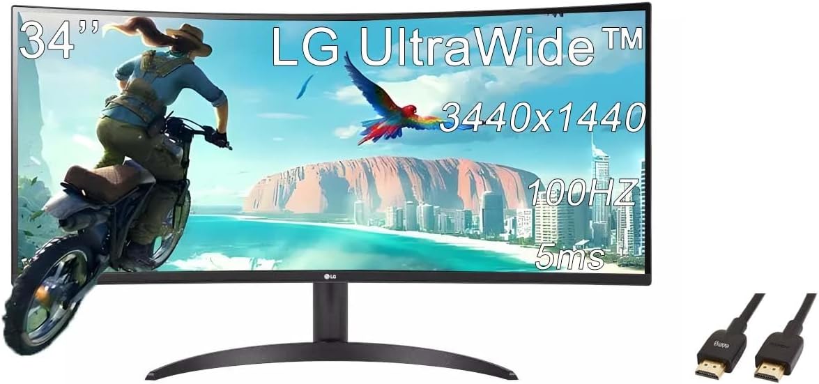 LG 34 inch UltraWide Curved Monitor, 21:9 WQHD (3440×1440) VA Display, 100Hz, 5ms, up to 99% sRGB Color Gamut and HDR 10, AMD FreeSync, 3-Side Virtually Borderless Design, with 5ave HDMI Cable