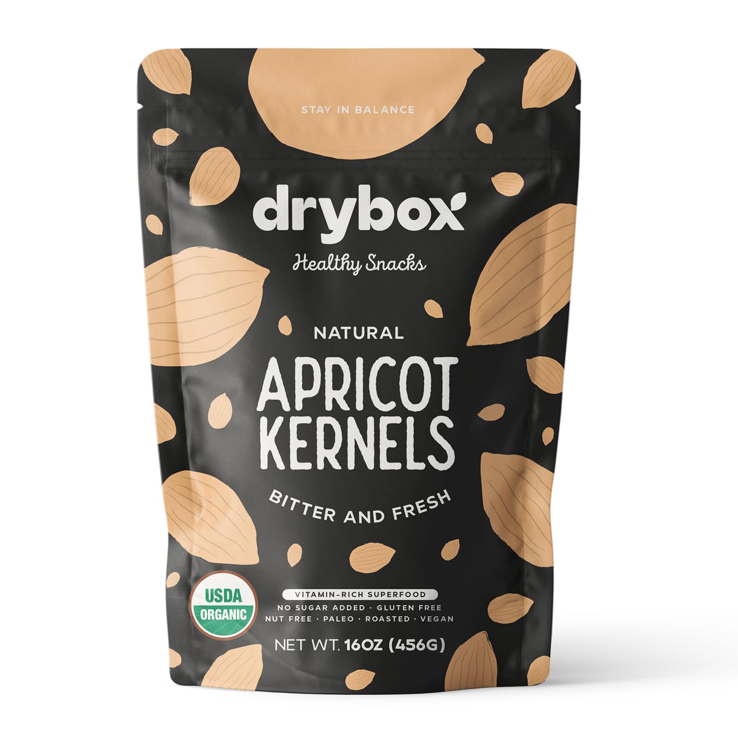 Drybox Bitter Apricot Kernels Raw Natural Organic NonGMO Vegan Source of Vitamin B17 and B15, Resealable Bag 16 oz/ 1 lb Bag, 1 Pack