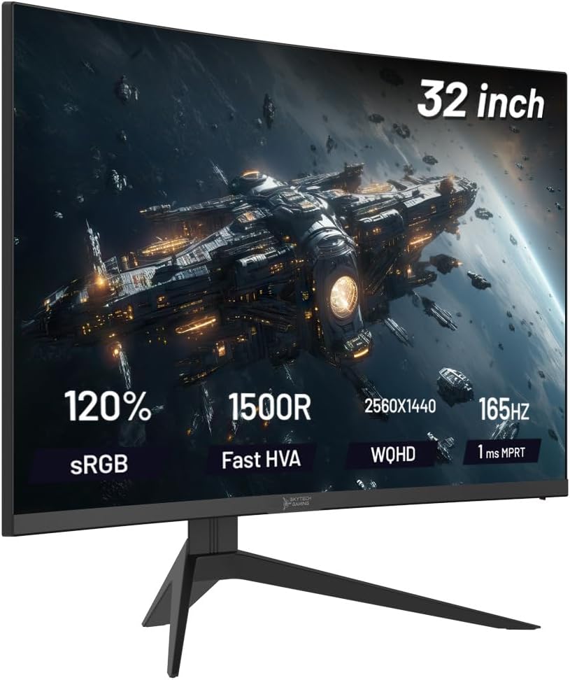 Skytech Gaming 32-inch Curved Gaming Monitor up to 165Hz, QHD 2K(2560 x 1440), 2ms Response Time, 1500R VA Panel, FreeSync & G-Sync Support, Swivel Tilt Height Pivot Adjustable, HDMI & DisplayPort