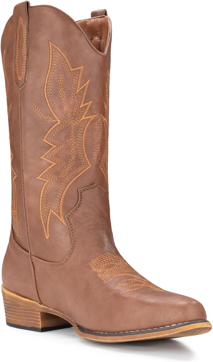 IUV Cowboy Boots For Women Western Boots Cowgirl Boots Pull On Pointy Toe Mid Calf Boots