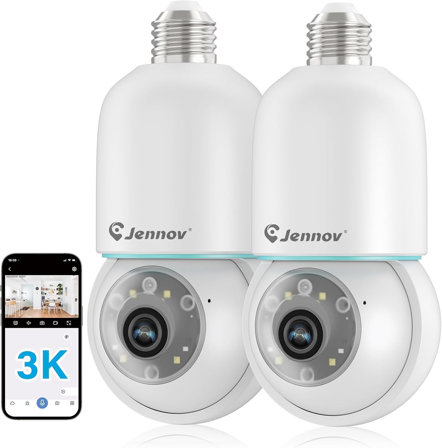 Jennov 3K Light Bulb Security Camera Wireless Outdoor IP66 Waterproof – 5Ghz&2.4Ghz Indoor Cameras for Home Security, 360° Lightbulb Socket Camera, Color Night Vision, Motion Detect