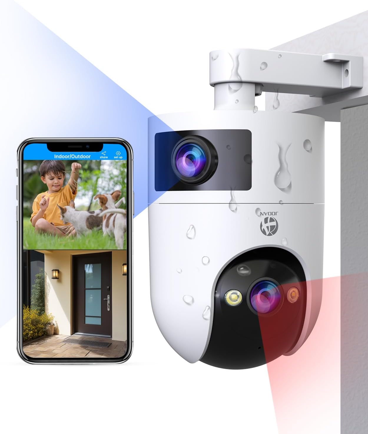 JOOAN 5G Dual Lens Security Camera Outdoor, Dual 2K 360° PTZ Cameras for Home Security, Plug-in 2 in 1 WiFi Camera, 2 Way Audio IP66 Waterproof Motion Detection Auto Tracking Alert Works with Alexa