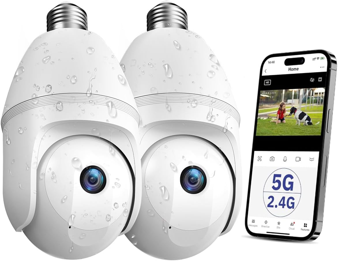 Light Bulb Security Camera Wireless Outdoor,5G&2.4G WiFi 2K Lightbulb Security Camera IP65 Motion Detection Alarm,Two-Way Talk,Color Night Vision,Compatible with Alexa Light Bulb Camera