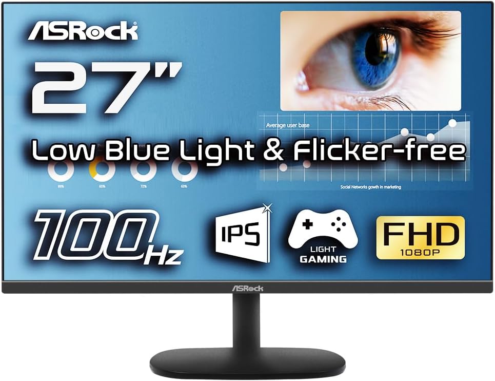 ASRock 27 inch 100 Hz Light Gaming Monitor for Home Office (Low Blue Light & Flicker-Free) IPS