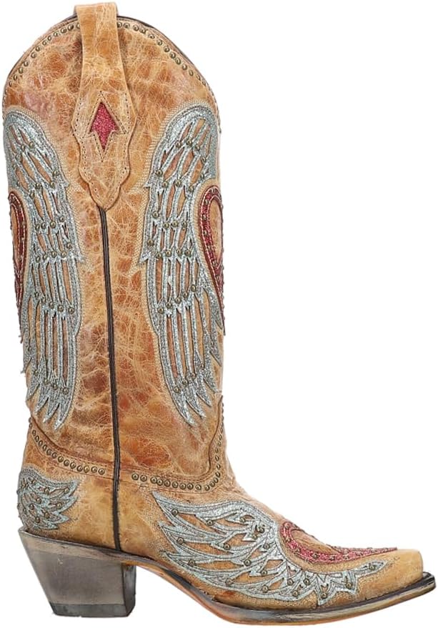 CORRAL LADIE’S SAND HEART & WINGS OVERLAY & EMBROIDERY & STUDS, SNIP TOE, LEATHER SOLE, WESTERN, A4235