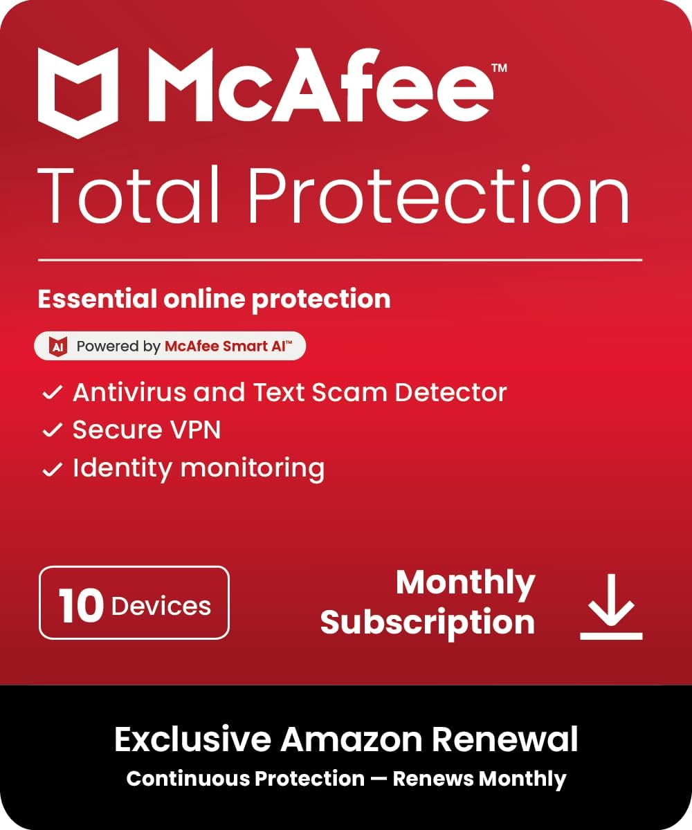 McAfee Total Protection 10-Device 2025 Ready |Security Software Includes Antivirus, Secure VPN, Password Manager, Identity Monitoring | 1 Month Subscription with Auto Renewal