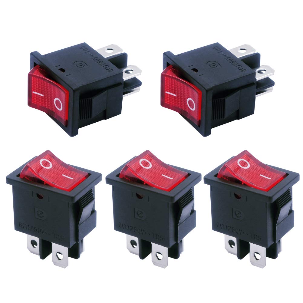 mxuteuk 5pcs 110V/120V Mini Rocker Switch Illuminated Snap-in DPST Toggle Power ON-Off Switch 4 Pin Red Light, Use for Household Appliances Industrial Equipment MXU1-4-201NR