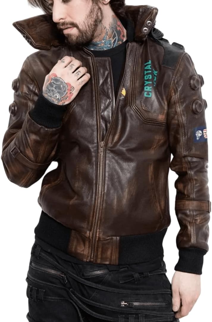 Dusky Brown Cyberpunk Samurai 2077 Cosplay Ultimate Gaming Motorcycle Bomber Real Leather Jacket