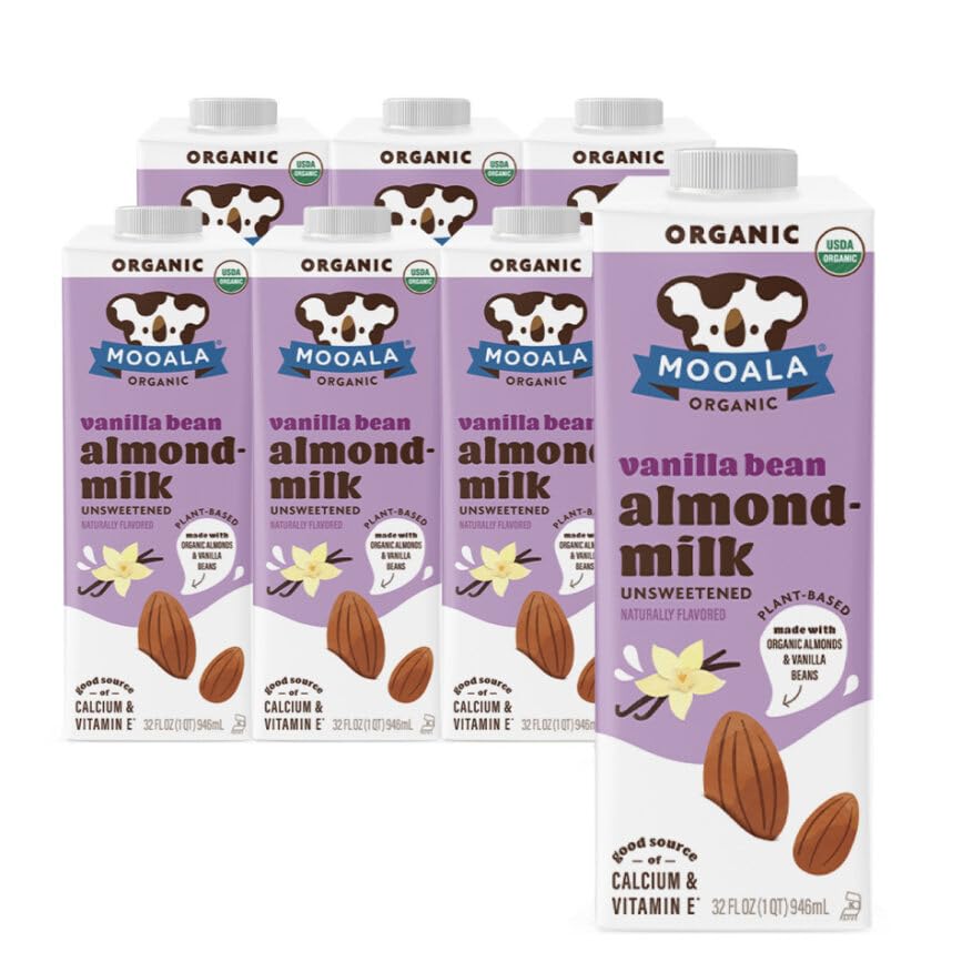 Mooala Organic Vanilla Bean Almond Milk Unsweetened 32 fl oz (Pack of 6) – Shelf-Stable, Lactose Free, Gluten-Free, Vegan, No Added Sugar, Plant-Based Beverage