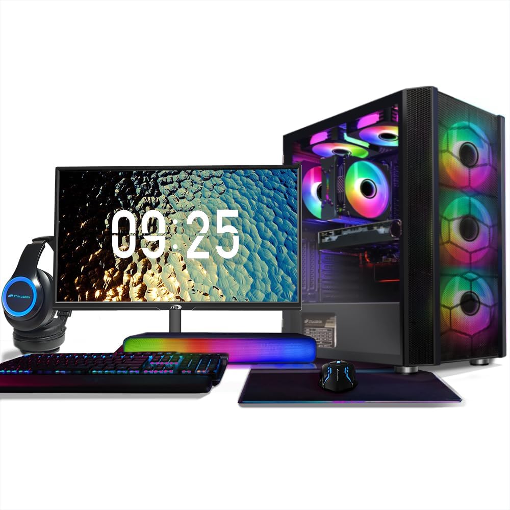 STGAubron Gaming PC Bundle with 24Inch FHD LED Monitor- RX 6700XT 12G, Intel i9-11900KF up to 5.3GHz, 16G DDR4, 1T SSD, RGB Fan x6, RGB Mouse Pad, Windows 11 Home