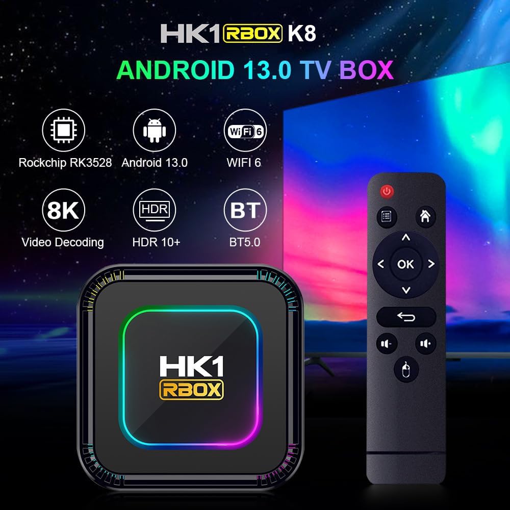 CHROX Android TV Box 13.0, HK1 RBOX K8 Android Set Top Box RK3528 Quad Core CPU Support 2.4/5.8Ghz Dual WiFi 4K/8K H.264 HD Smart Android Box,4gb+64gb