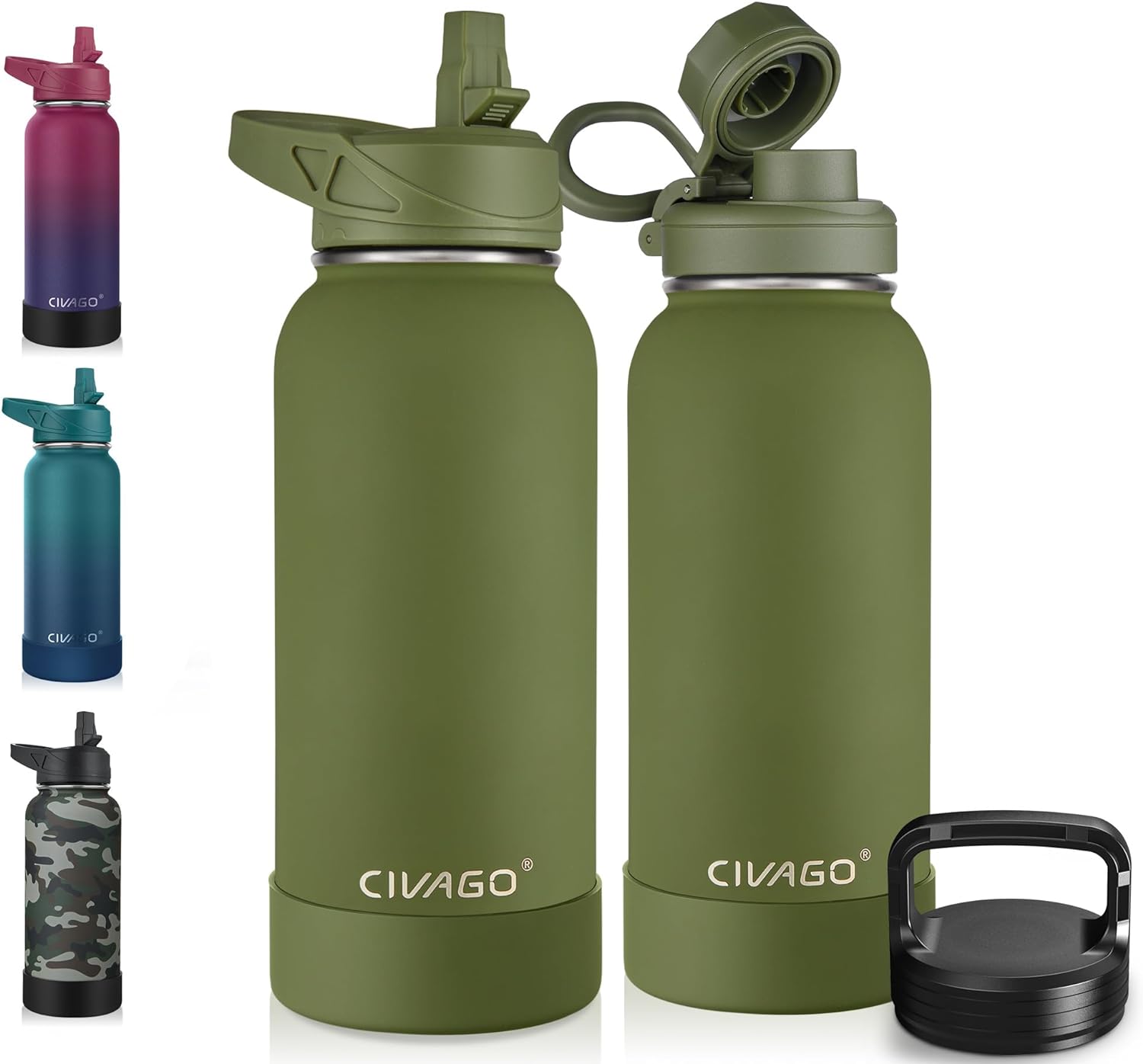 CIVAGO 32 oz Insulated Water Bottle With Straw, Stainless Steel Sports Water Cup Flask with 3 Lids (Straw, Spout and Handle Lid), Wide Mouth Travel Thermal Mug, Army Green