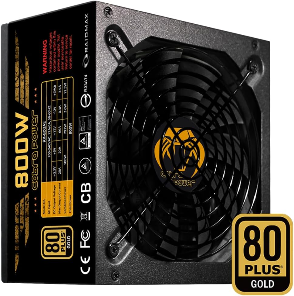 Raidmax Cobra 800watts Full Modular Japanese Capacitors, 80 Plus Gold Efficiency ATX PC Power Supply 800W, 135mm Ultra Quiet Fan Low Noise, Black