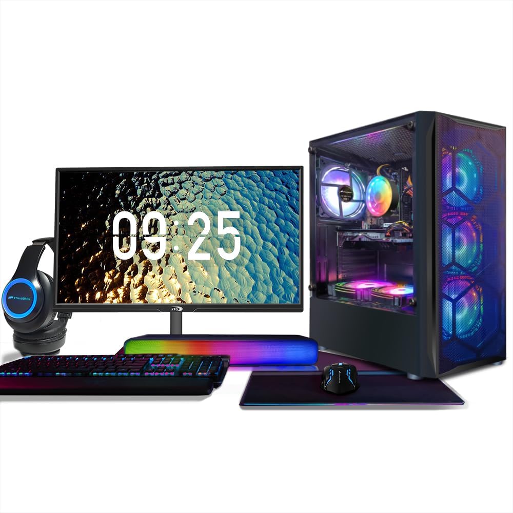 STGAubron Gaming PC Bundle with 24Inch FHD LED Monitor-Intel core I7 up to 3.9G, RX 580 8G, 16G, 512G SSD, RGB Mouse Pad, RGB Sound Bar, Windows 10 Home