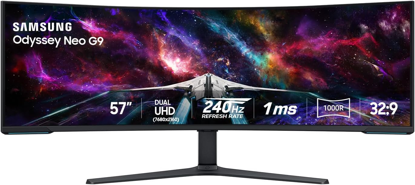 SAMSUNG 57′ Odyssey Neo G9 Series Dual 4K UHD 1000R Curved Gaming Monitor, 240Hz, 1ms with DisplayPort 2.1, Quantum Mini-LED, DisplayHDR 1000, AMD FreeSync Premium Pro, LS57CG952NNXZA, 2023