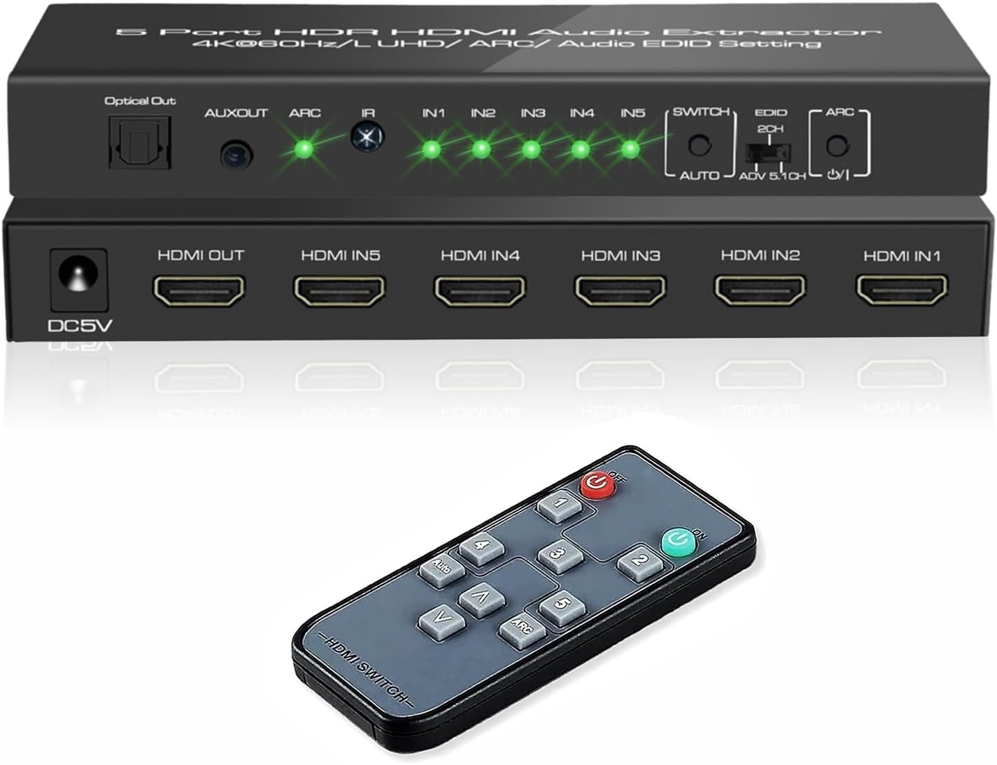 5 in 1 Out 4K@60Hz HDMI Switch Audio Extractor with Optical & 3.5mm Out, HDMI 2.0 Audio Splitter Support HDR 10, HDCP 2.2, 18Gbps, Dolby Vision Atmos, ARC, not eARC