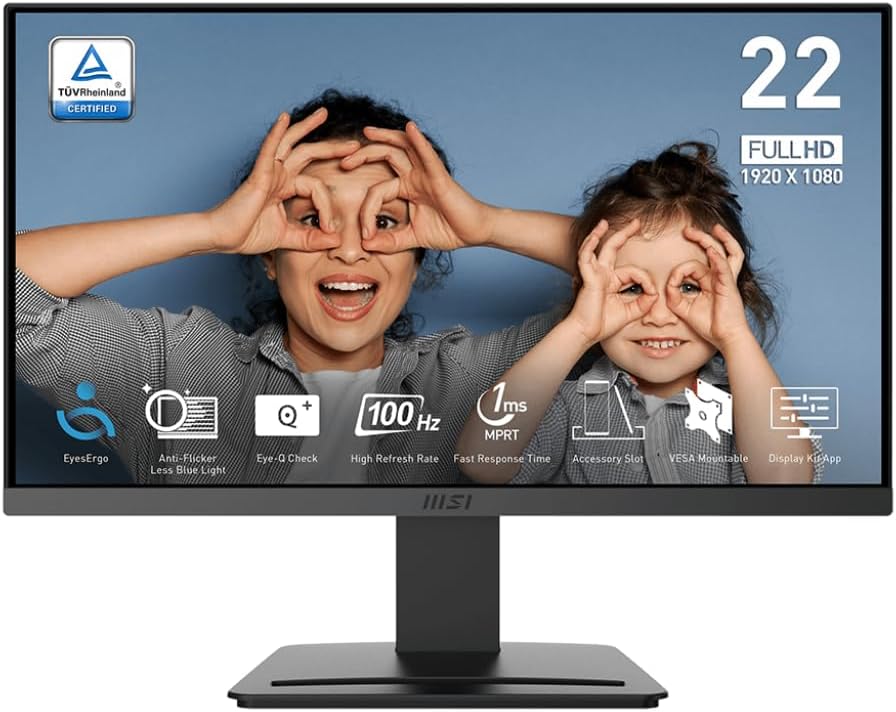 MSI PRO MP223 E2, 22-inch VA 1920 x 1080 (FHD) Computer Monitor, 100Hz, Adaptive-Sync, HDMI, Video Port, Display Port, VESA Mountable, Tilt, 1ms, Black