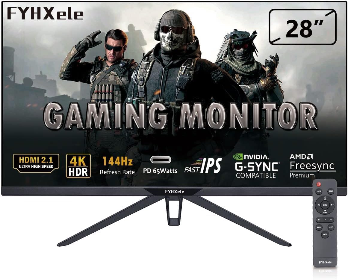 28″ Gaming Monitor, 4K 144Hz Monitor, Fast IPS, 1ms, UHD 3840 * 2160 Computer Monitor with Remote, Free-sync, DSC, HDMI 2.1/2.0, DisplayPort 1.4, USB Type C, HDR400, VESA/Low Blue Light