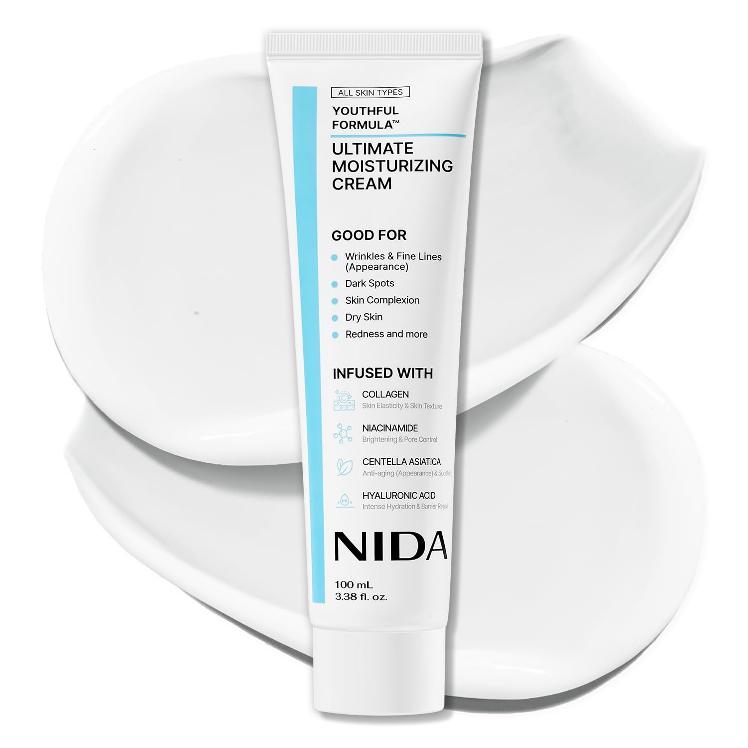 NIDA Youthful Formula Ultimate Moisturizing Cream | Centella Asiatica, Niacinamide, Hyaluronic Acid, Collagen | Wrinkles, Fine Lines, Dark Spots, Dry Skin, Redness | 3.38 fl. oz., 100ml