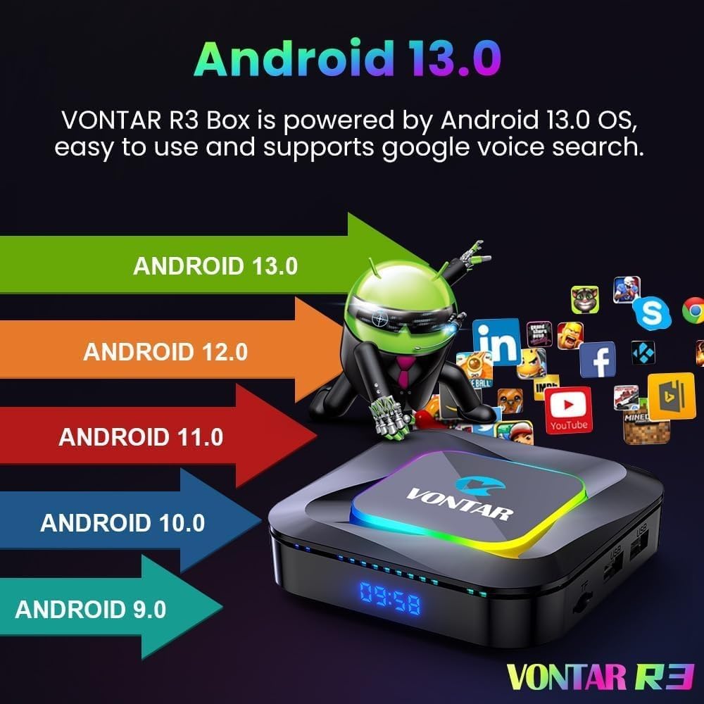 Android TV Box 13.0, VONTAR R3 Android Set Top Box 4GB RAM 32 GB ROM,RK3528 Quad Core CPU Support 2.4/5.8Ghz Dual WiFi 4K/8K H.264 HD Smart Android Box