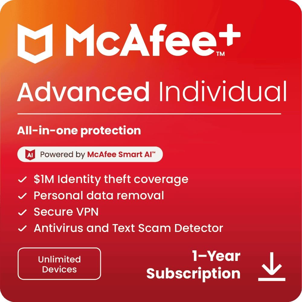 McAfee+ Advanced Individual Unlimited Devices 2025 Ready| Online Protection, Identity Theft Protection, Privacy Protection | Download